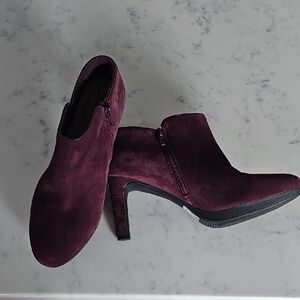 Clarks Plum Suede Ankle Heeled Booties